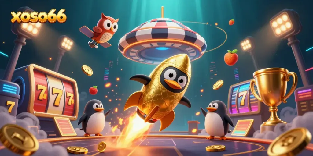 Experience the excitement of xoso66 with a golden penguin flying toward a dazzling casino space station.