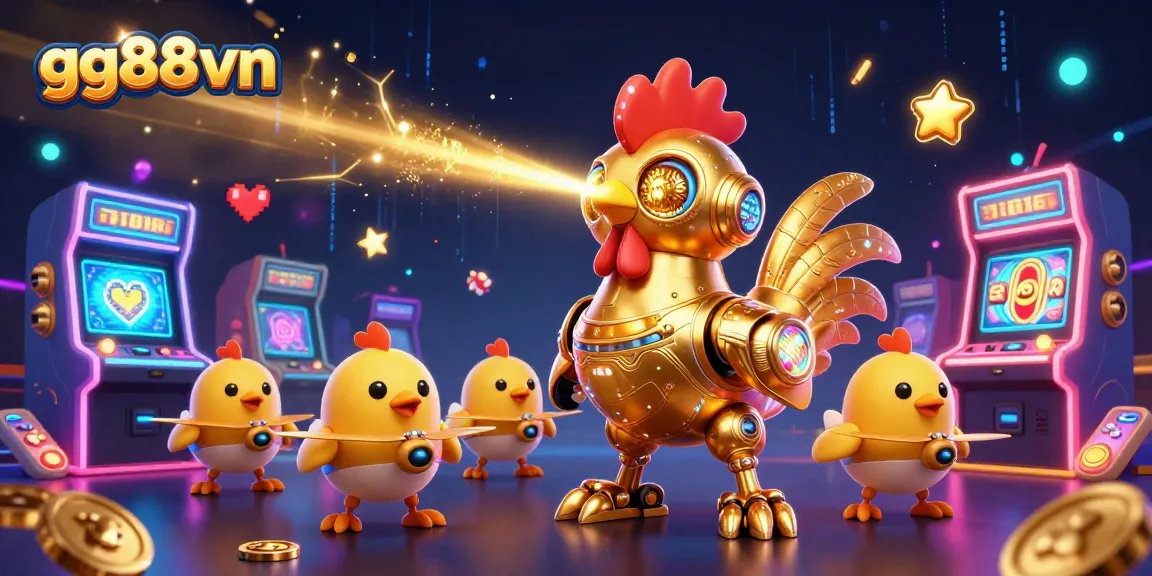 Engage with gg88vn's thrilling casino experience featuring golden rooster robot amidst colorful gaming elements.