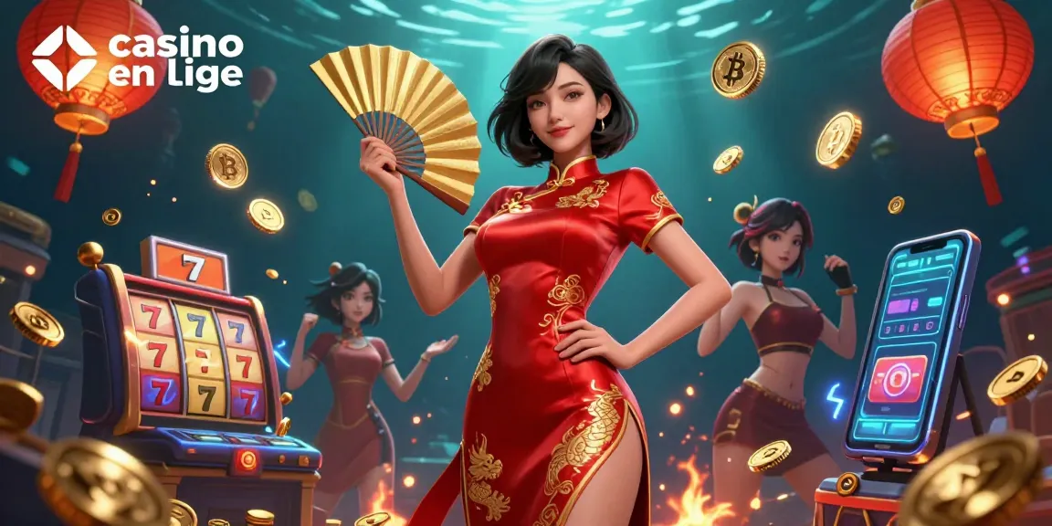 Découvrez l'excitation des casinos en ligne avec des images vibrantes de jeux de machines à sous, des éléments crypto et un personnage rayonnant.
