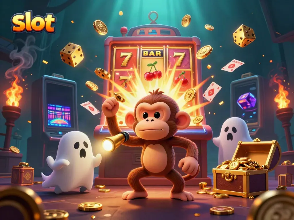 Slot penuh dengan koin emas dan karakter lucu seperti monyet poltergeist dan anjing penangkap hantu.