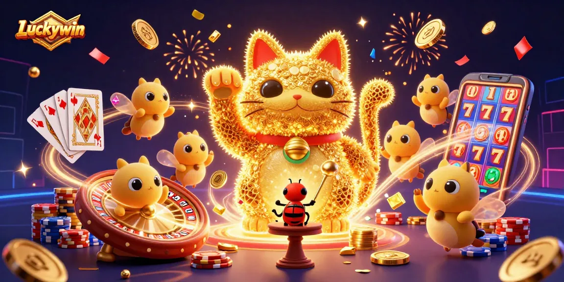 Engage with Luckywin's thrilling casino world through a vibrant illustration showcasing a lucky cat, dynamic gaming elements, and celebratory effects.