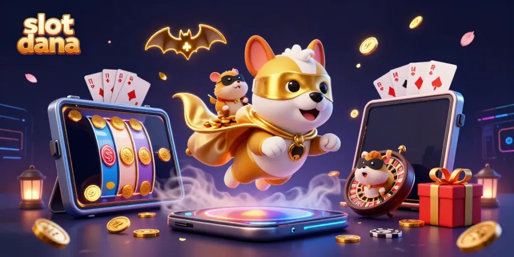 Slot dana: Bermain dengan kegembiraan, pahlawan super 3D dan hamster membawa koin emas