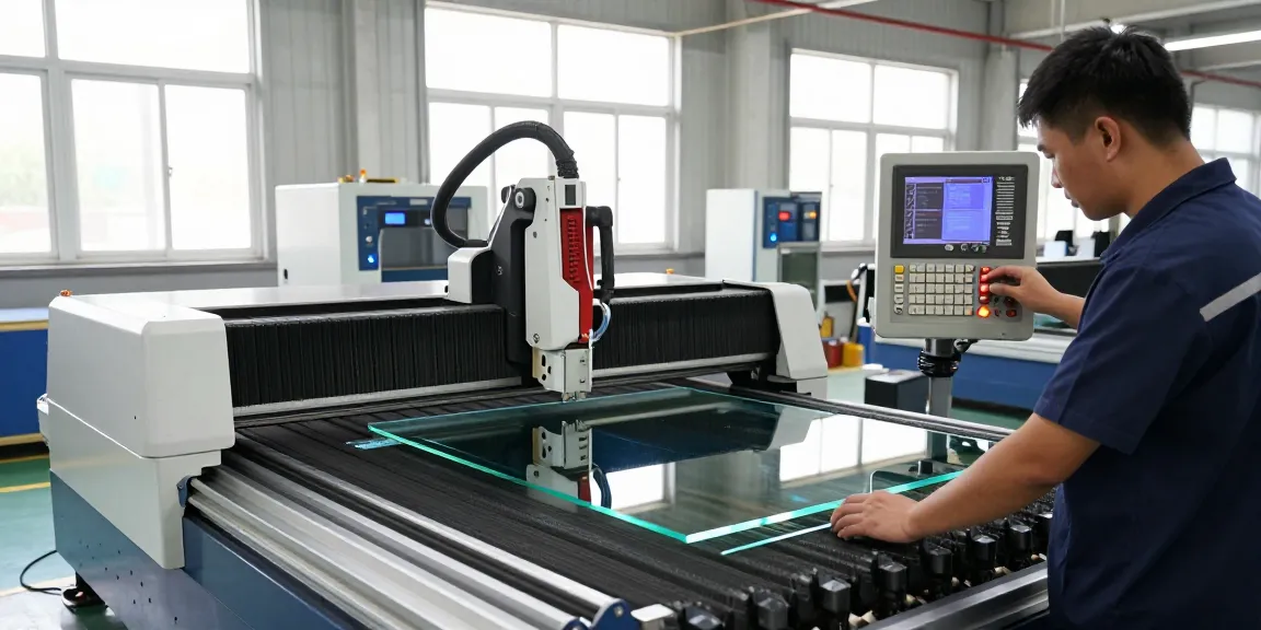 CNC glass cutting machine in action with technician adjusting settings in a bright factory setting.
