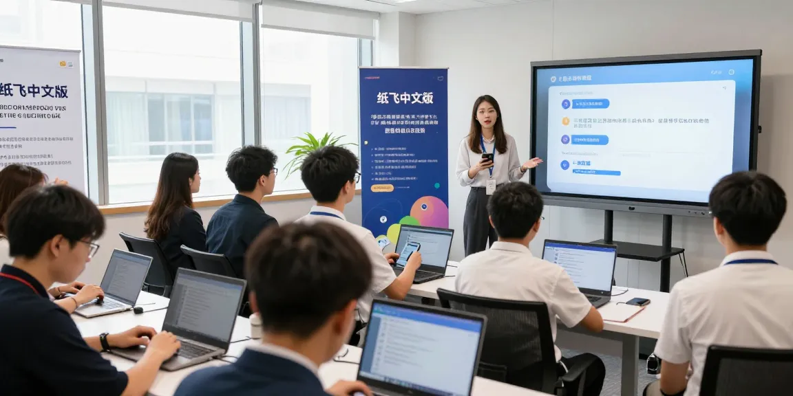 Engaged professionals discussing 纸飞机中文版 in a modern tech conference, showcasing innovative features and user-friendly design.