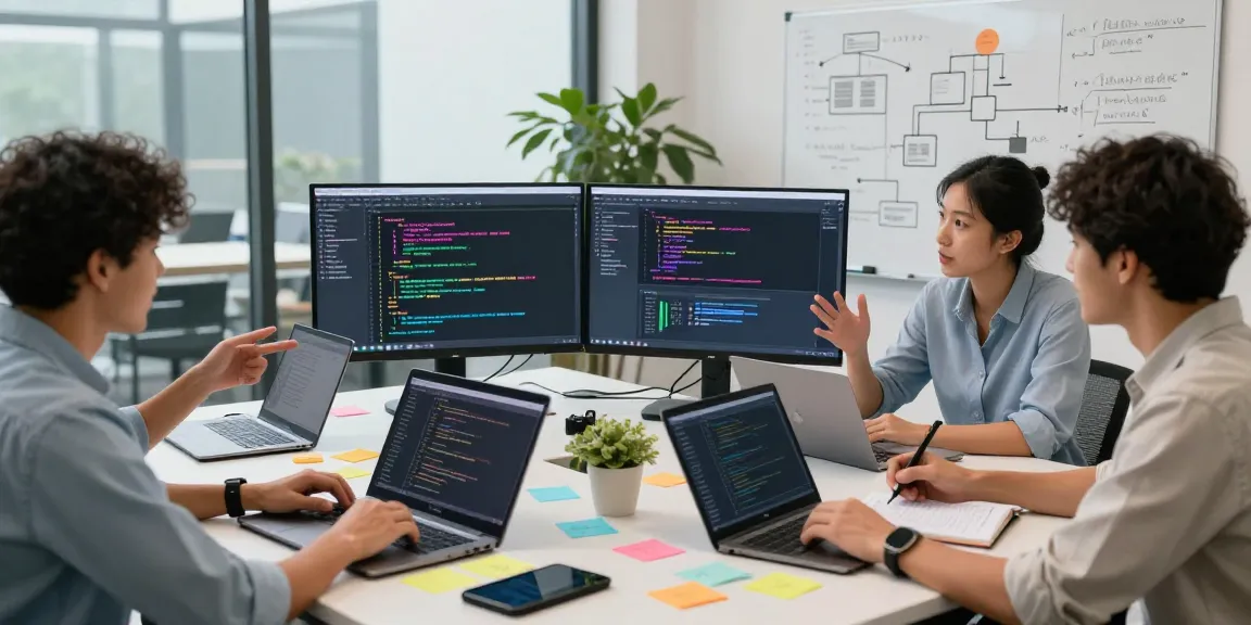 Developers collaborating on software projects using an AI code generator in a modern workspace.