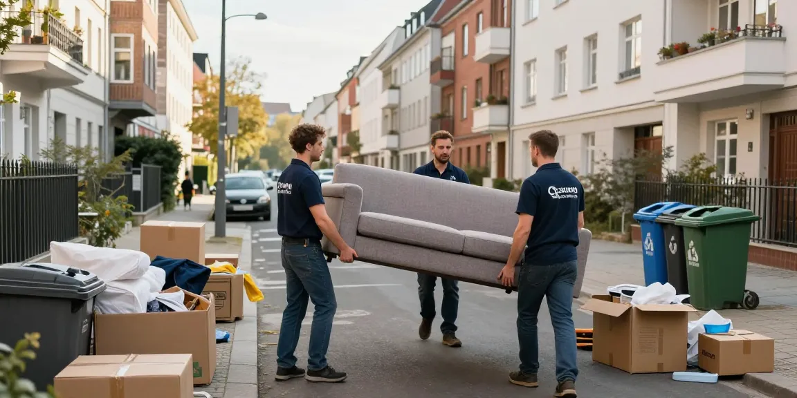 Efficient Wohnungsentrümpelung Berlin scene with a team clearing a cluttered apartment.