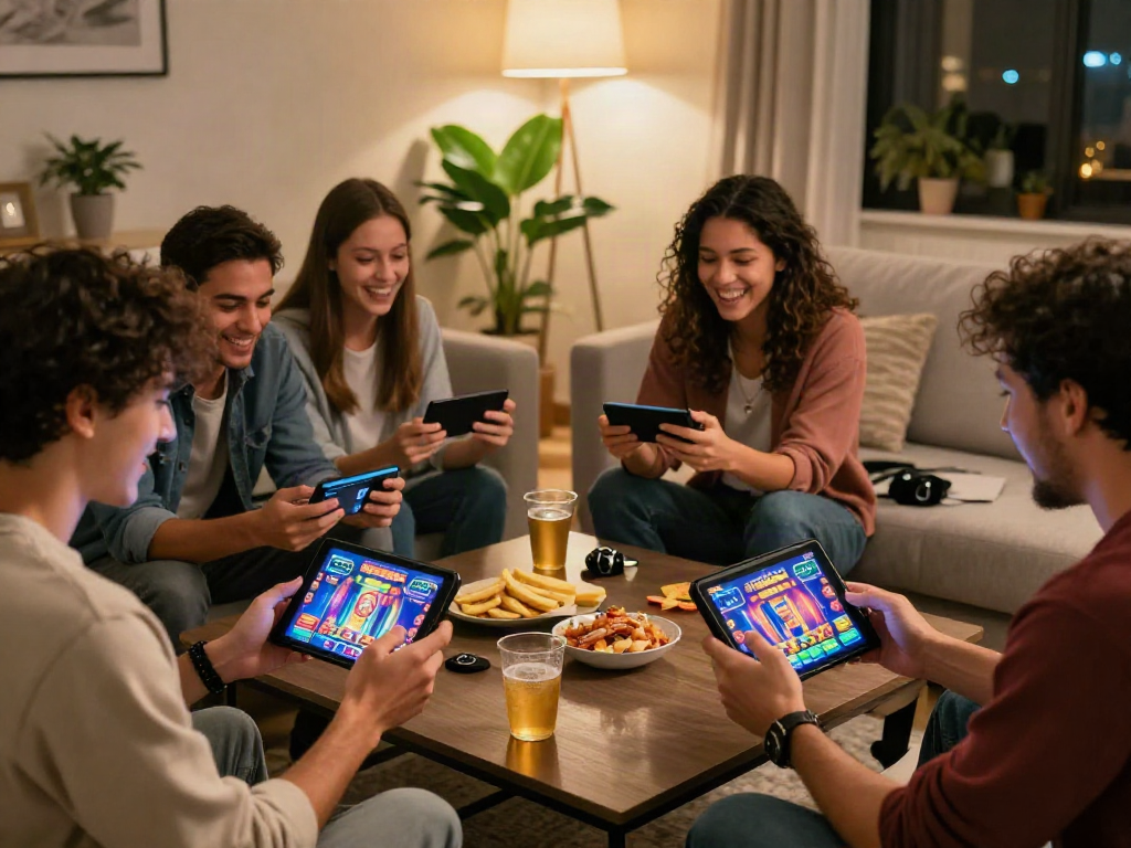 Friends enjoying MEGA888 mobile casino games in a cozy living room setting.
