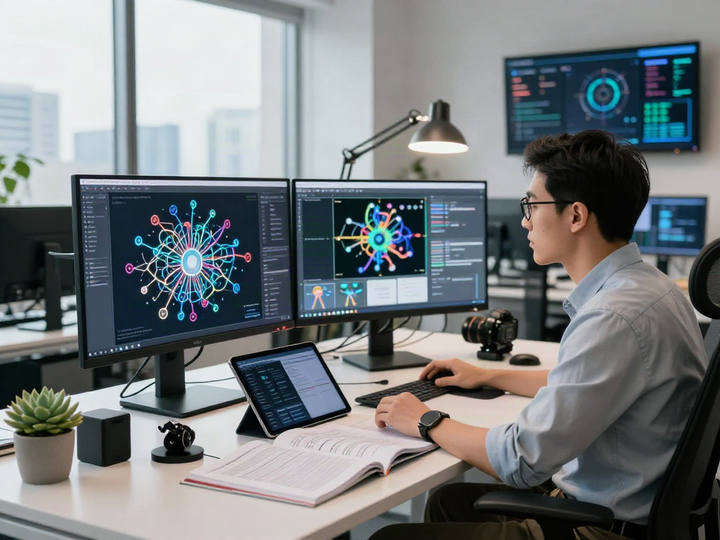 AI Image Detection technology showcased in a modern tech workspace with multiple screens and analytics.
