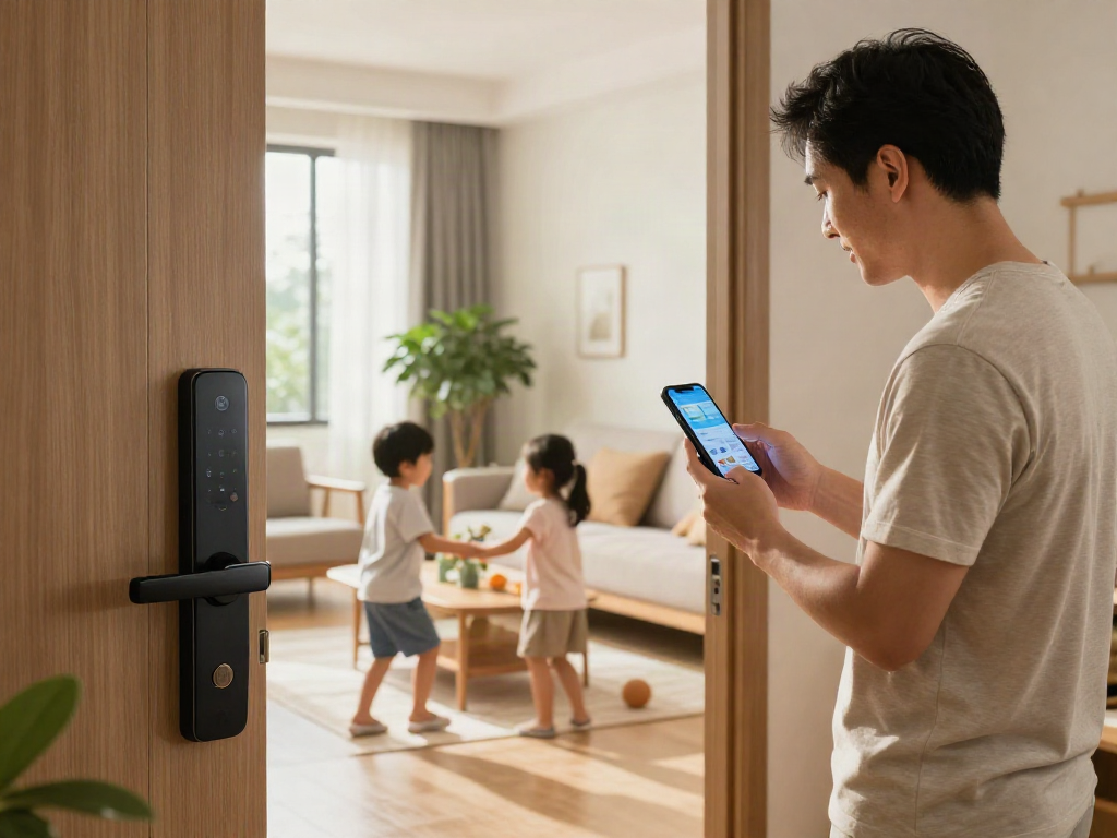 خرید قفل هوشمند in a smart home setting with a family engaged in technology.