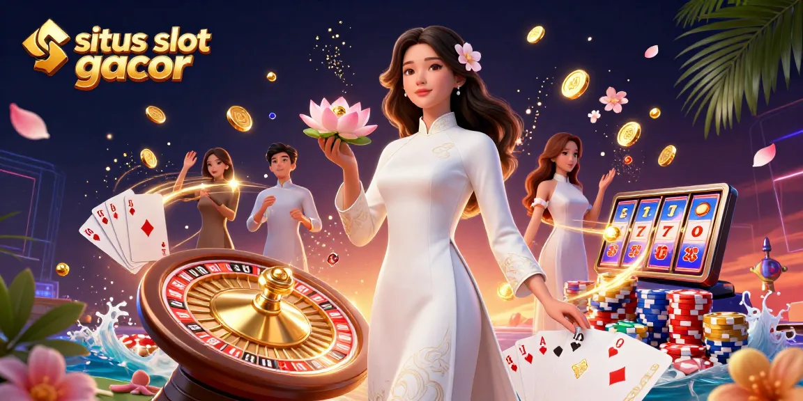 Engage with situs slot gacor through an energetic 3D illustration showcasing slots and casino elements.
