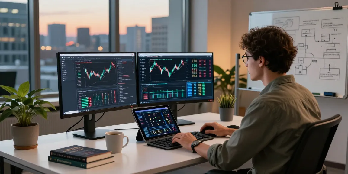 Developer using financial data API in a tech-driven workspace with multiple monitors and urban backdrop.