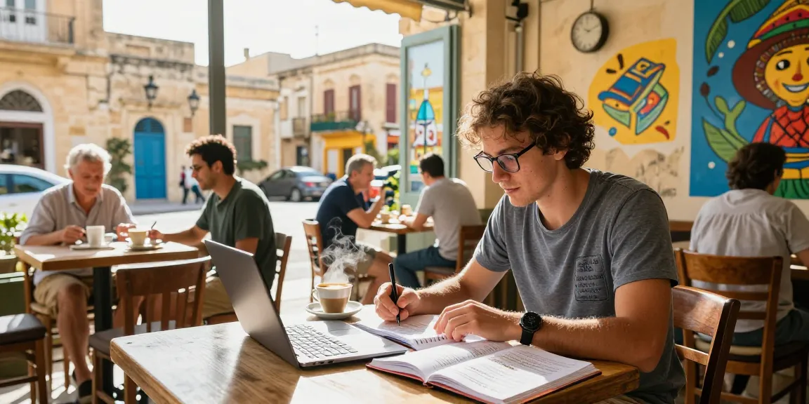 Cours d'anglais à Malte - un voyageur étudiant l'anglais dans un café vibrant rempli de culture locale.