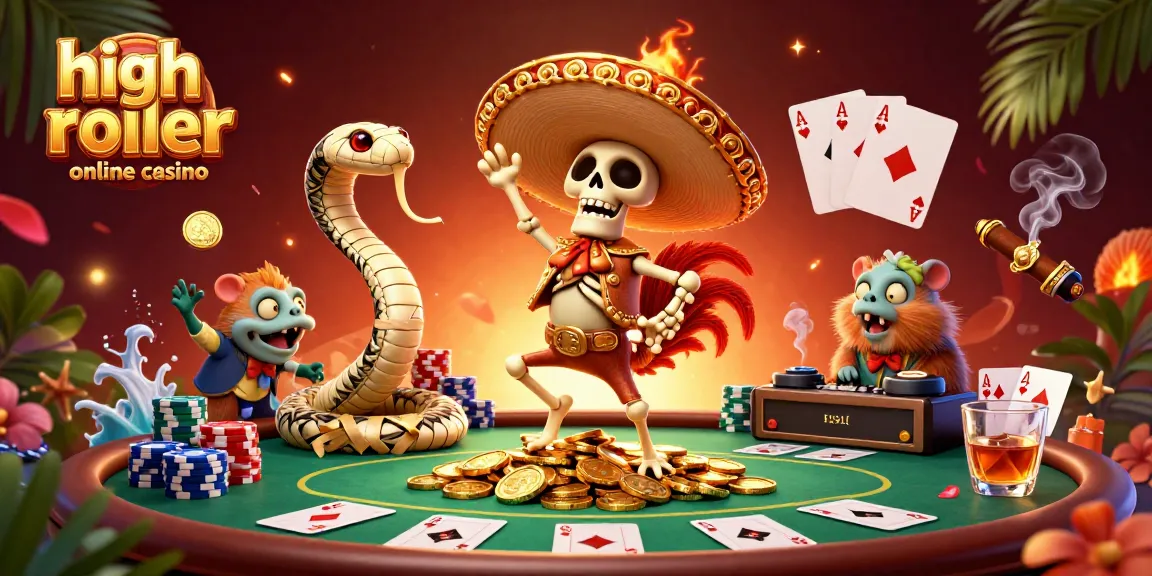 Spin wins at the high roller online casino with a dynamic victory dance scene featuring unique characters.
