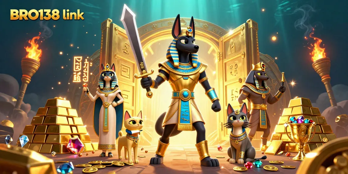 Experience the thrill of wins at BRO138 link with a vibrant, treasure-filled illustration.