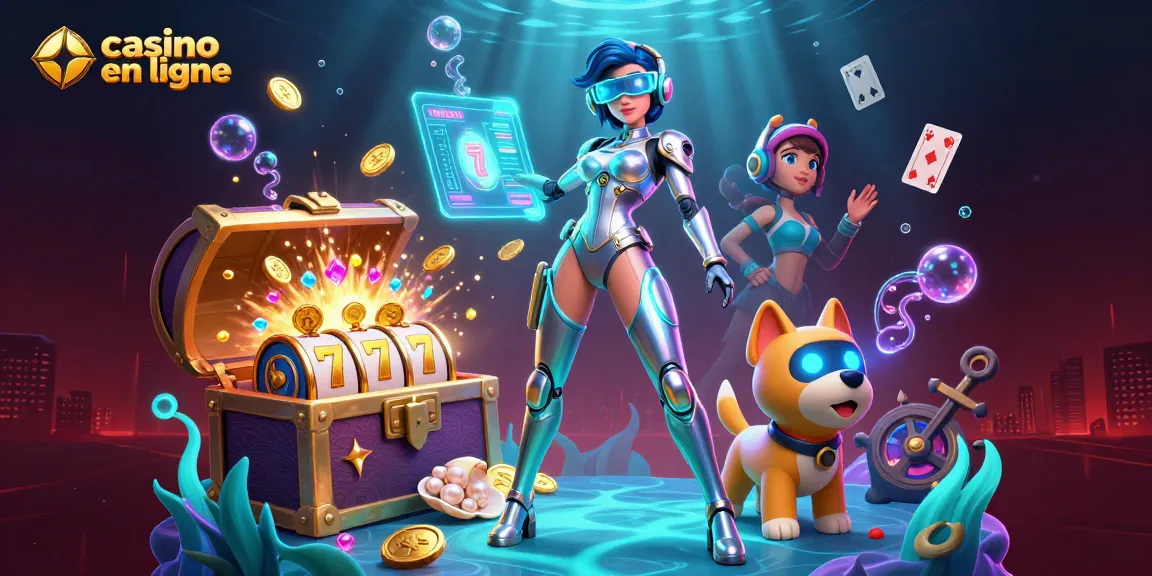 Jouez à des jeux de casino en ligne palpitants avec une femme futuriste et un chien robot au milieu d'éléments de casino vibrants.
