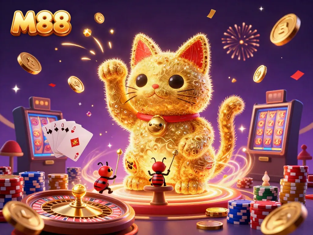 Celebrate with M88 as the lucky cat symbol waves among glittering casino elements.