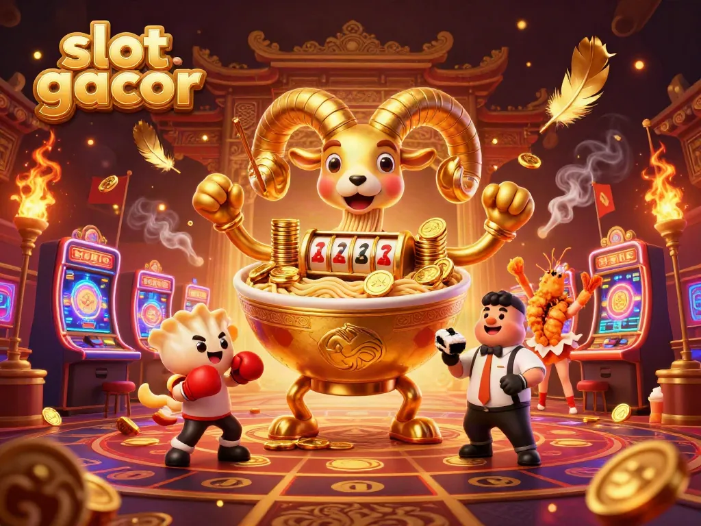Engage with slot gacor action featuring a giant ramen bowl dealing cards amidst colorful casino vibes.