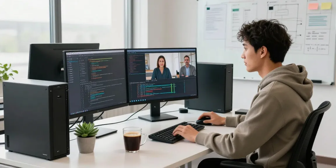 Developer coding in a modern office setting, showcasing 纸飞机中文版 communication tools and collaboration.