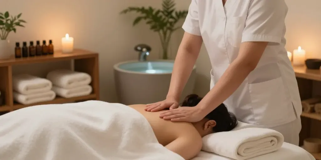 Experience soothing 금천구출장마사지 in a serene home spa setting with ambient lighting and essential oils.