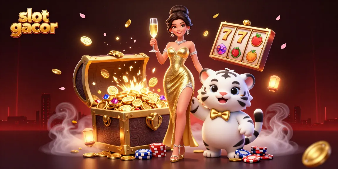 Spin the slot gacor and watch the glamorous woman celebrate wins with a lucky tiger.