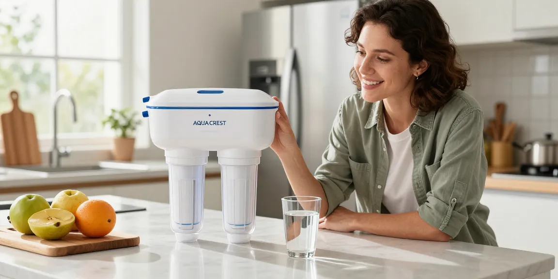 AQUA CREST Replacement for GE® RPWFE® water filter being examined in a modern kitchen, highlighting health and convenience.
