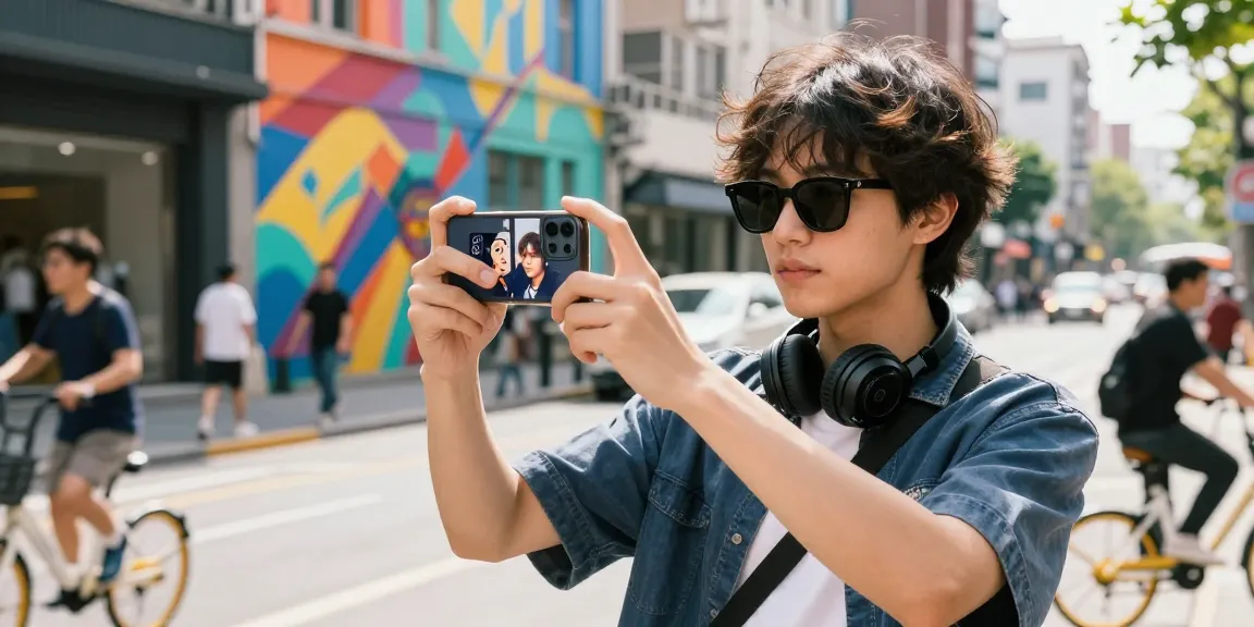 Young person engaging in an attractiveness test while capturing a self-portrait in an urban setting.