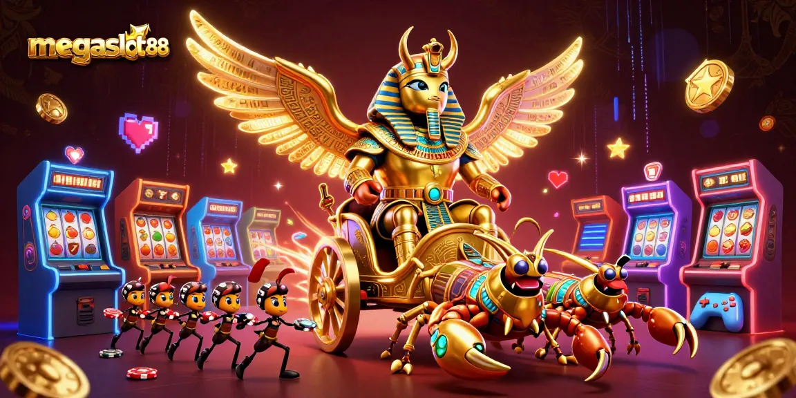 Play and win with megaslot88 in a dynamic casino scene featuring gold and gaming elements.