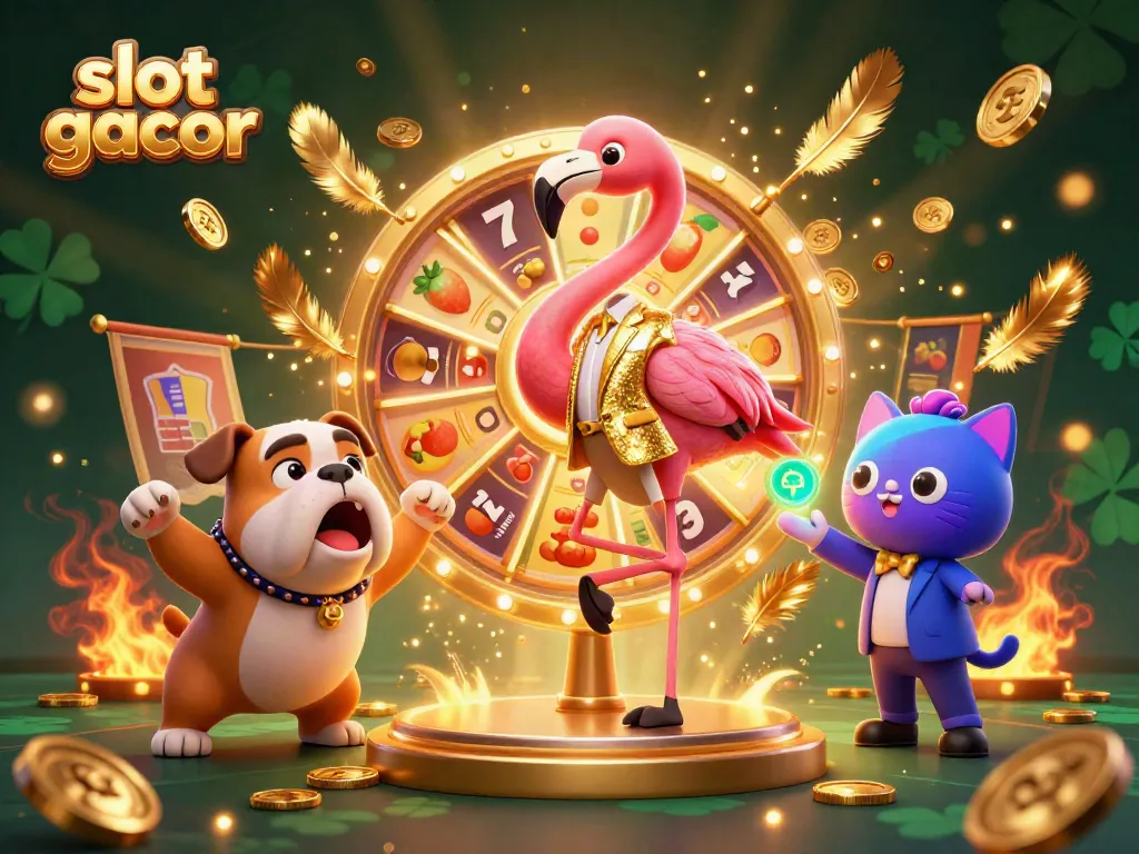 Engaging scene of slot gacor featuring a game show host flamingo, contestant bulldog, and prize scoreboard cat.