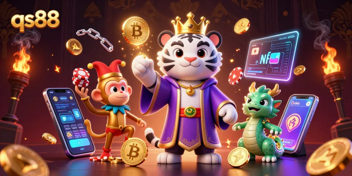 Exciting gameplay at qs88 with a vibrant scene of a white tiger and monkey playing casino games.