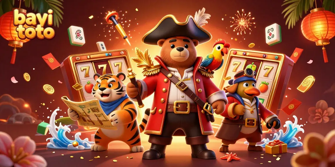 Bayi toto offers exciting slot games featuring vibrant characters and gold-themed decorations in a lively casino setting.
