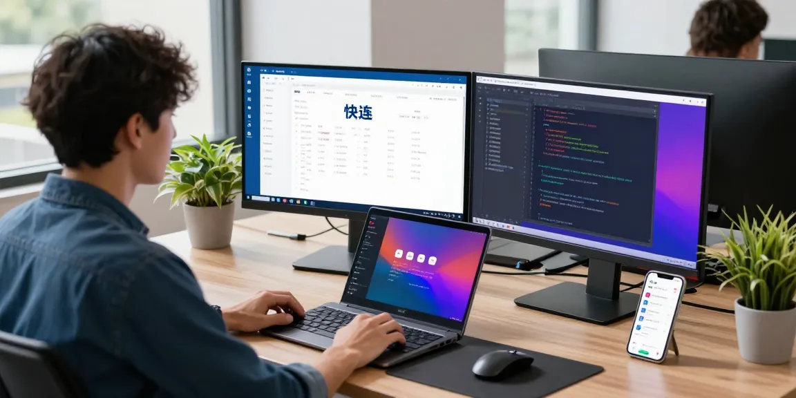快连 application interface displayed on dual monitors in a modern tech workspace, showcasing network optimization features.