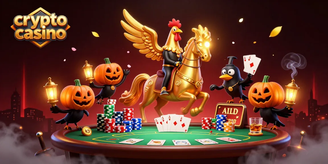 Jouez sur un crypto casino avec un coq doré et des croupiers mystérieux pendant que des pièces volent autour.