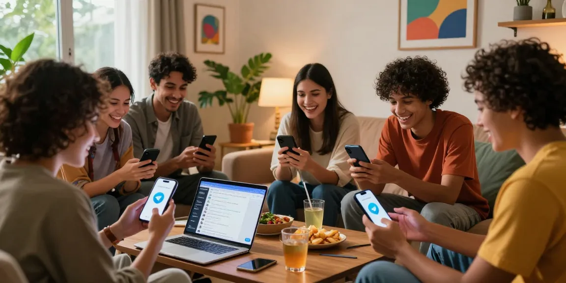 Friends engaging with the telegram china messaging app in a cozy living room.