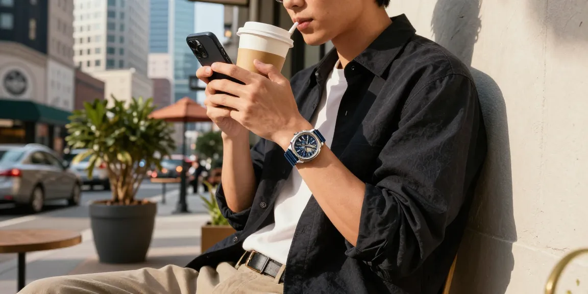 Fashionable individual showcasing a stylish replica watch in an urban setting.
