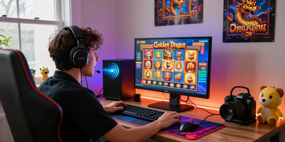 Exciting online gaming moment with player enjoying Golden Dragon themed slot game in a vibrant home setup