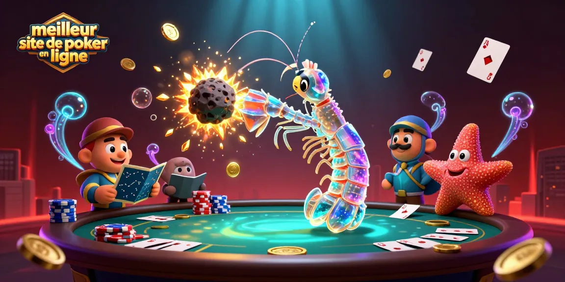 Illustration dynamique du meilleur site de poker en ligne avec des personnages de poker et des éléments de jeu.