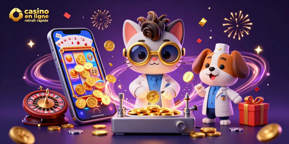 Découvrez l'illustration 3D du casino en ligne retrait rapide avec des animaux de laboratoire, des jeux de casino et des effets festifs.