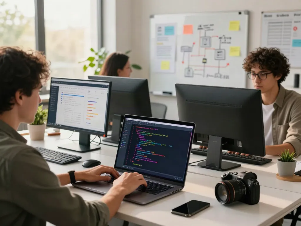 Brave browser users collaborating in a modern tech workspace with code on screens