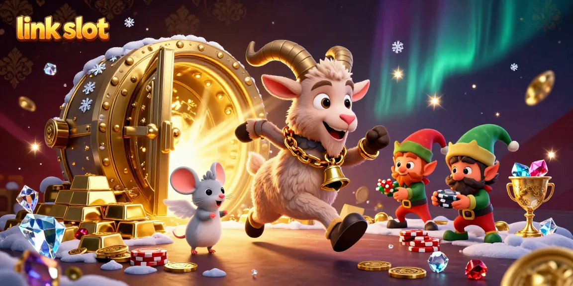 Spin the reels with the thrilling link slot experience in a dynamic, festive casino scene.