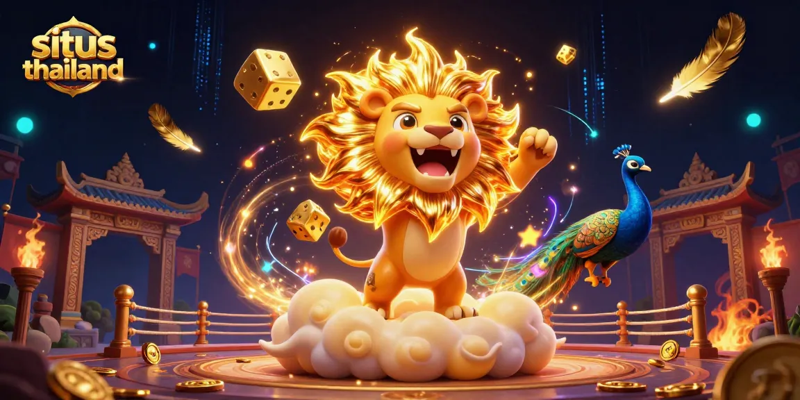 Experience situs thailand in an exhilarating scene filled with a roaring lion, golden dice, and vibrant casino elements.