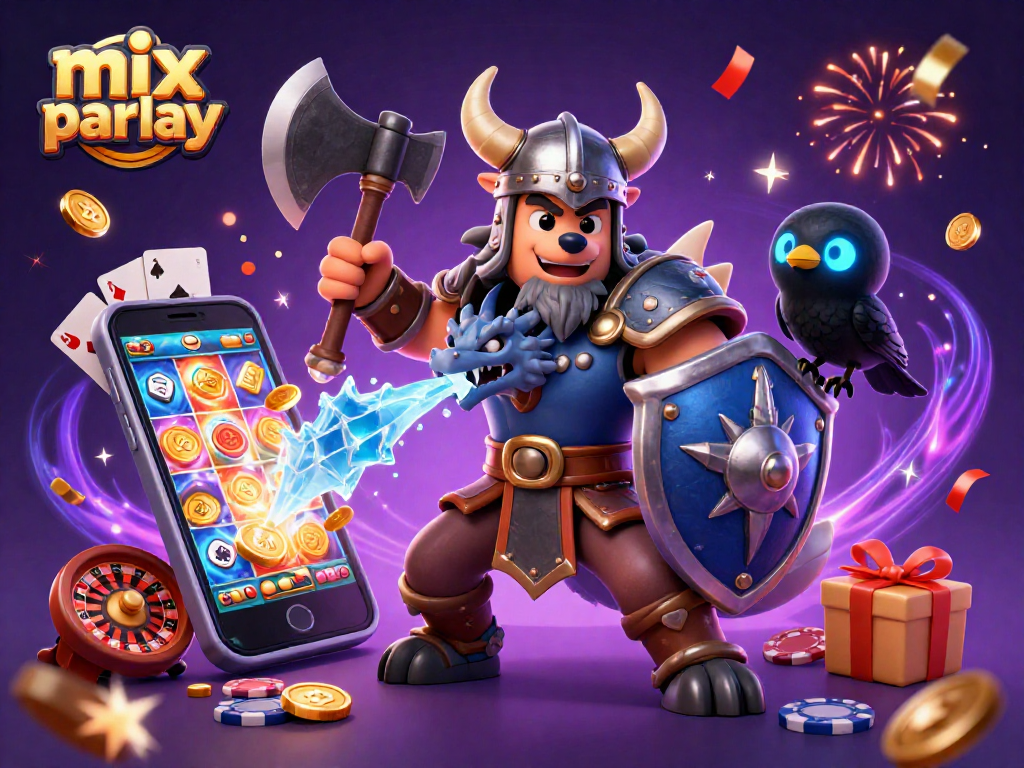 Engage in thrilling mix parlay adventures with a Viking warrior, fierce dragon, and gaming elements surrounding them.