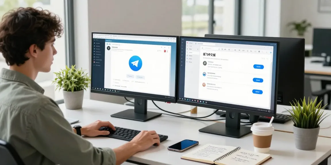 Young professional engaging with the 纸飞机中文版 app in a stylish workspace full of modern tech.