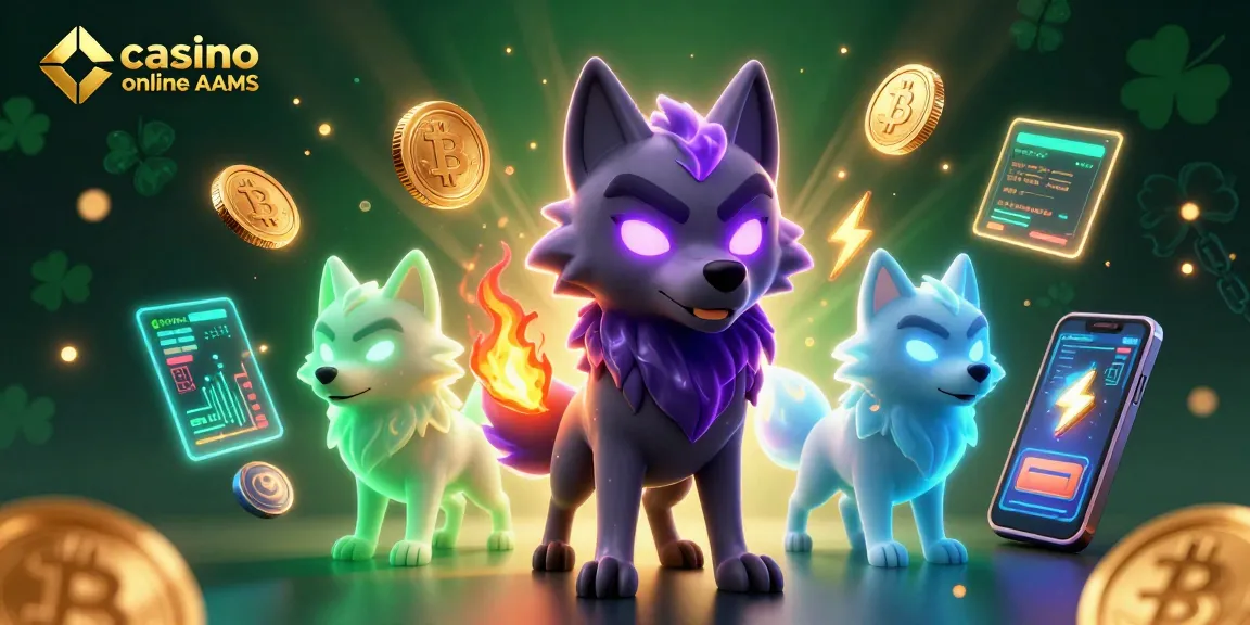 Interagisci con le migliori offerte di casinò online non AAMS, evidenziate da lupi spettrali ed elementi crypto.