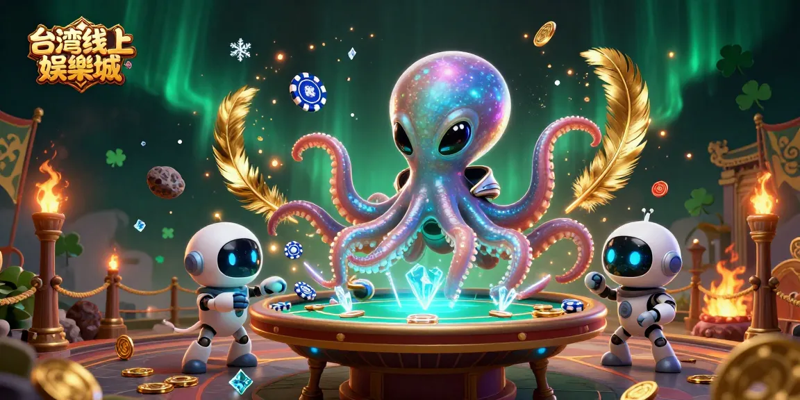 台灣線上娛樂城展示了外星八爪魚與機器人伴侶的獨特賭場場景，圍繞著金幣與火焰特效。