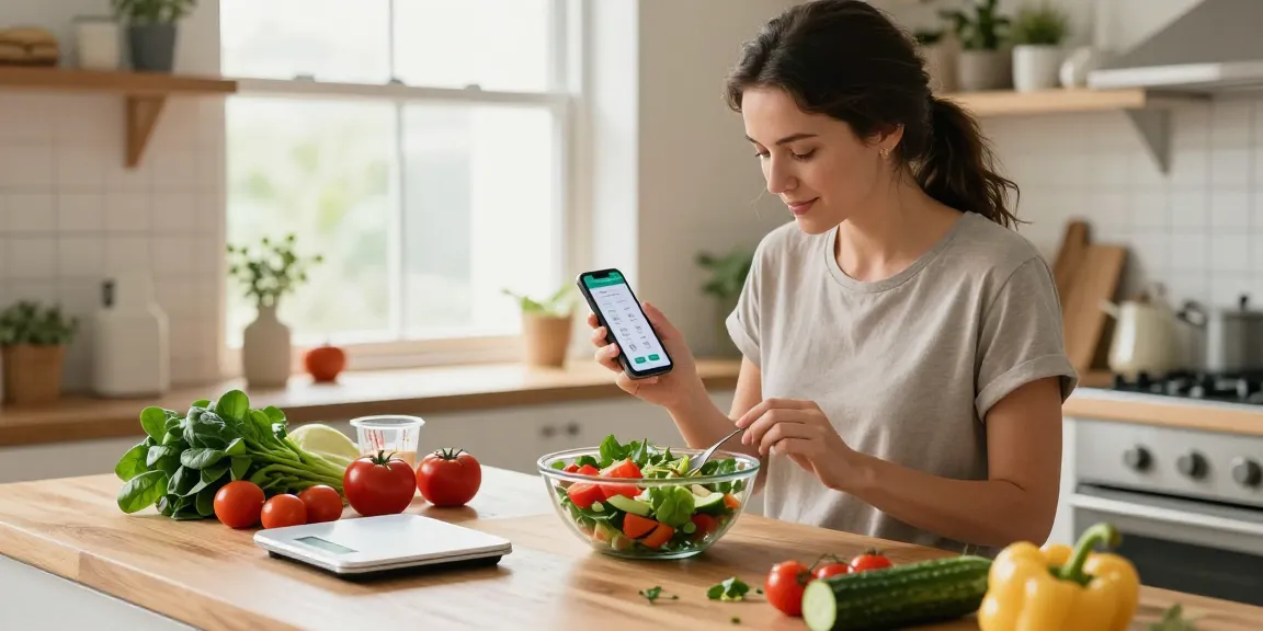 Using the best calorie tracking app, a woman prepares a fresh salad in a bright kitchen.