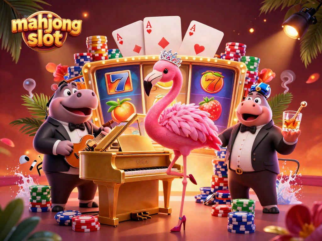 Engage with mahjong slot action in a vibrant 3D illustration featuring singing flamingo and hippo bassist.