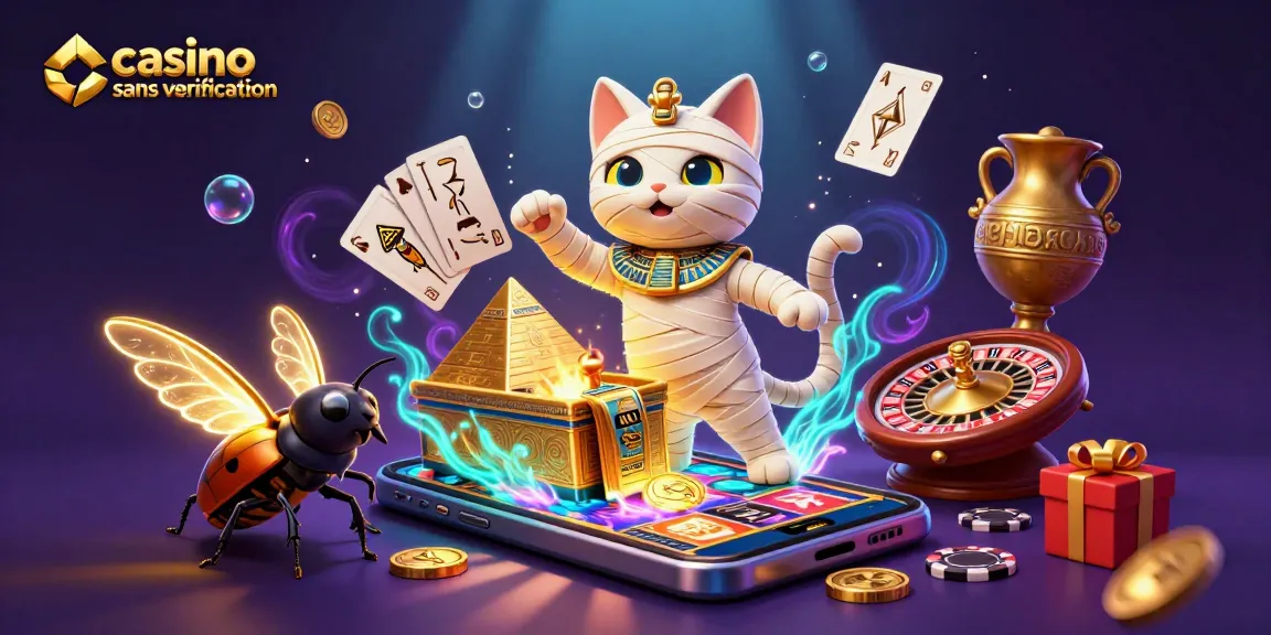 Casino sans vérification : Illustration 3D d'un chat momie et scarabée dans un casino égyptien.