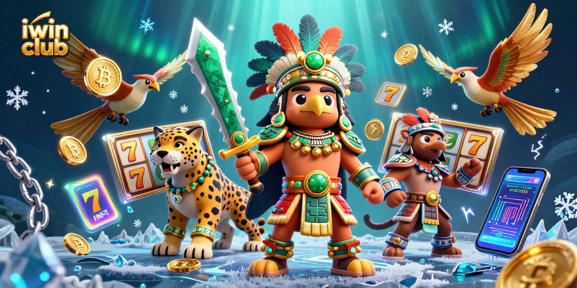 Join the action at iwin club with vibrant slot reels, an Aztec warrior, and crypto elements