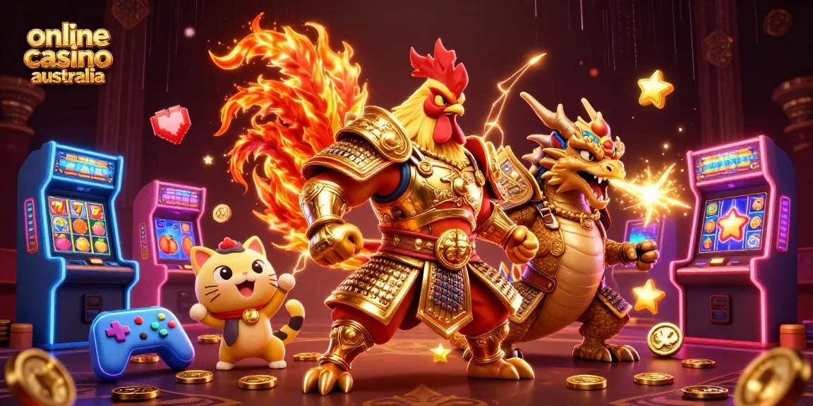 Experience thrilling action at an online casino australia with a powerful rooster warrior and dragon hatchling.