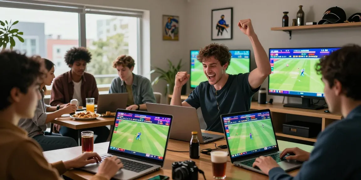 Excited individuals engaging with Fairplay24 during live cricket betting, showcasing a dynamic online betting atmosphere.